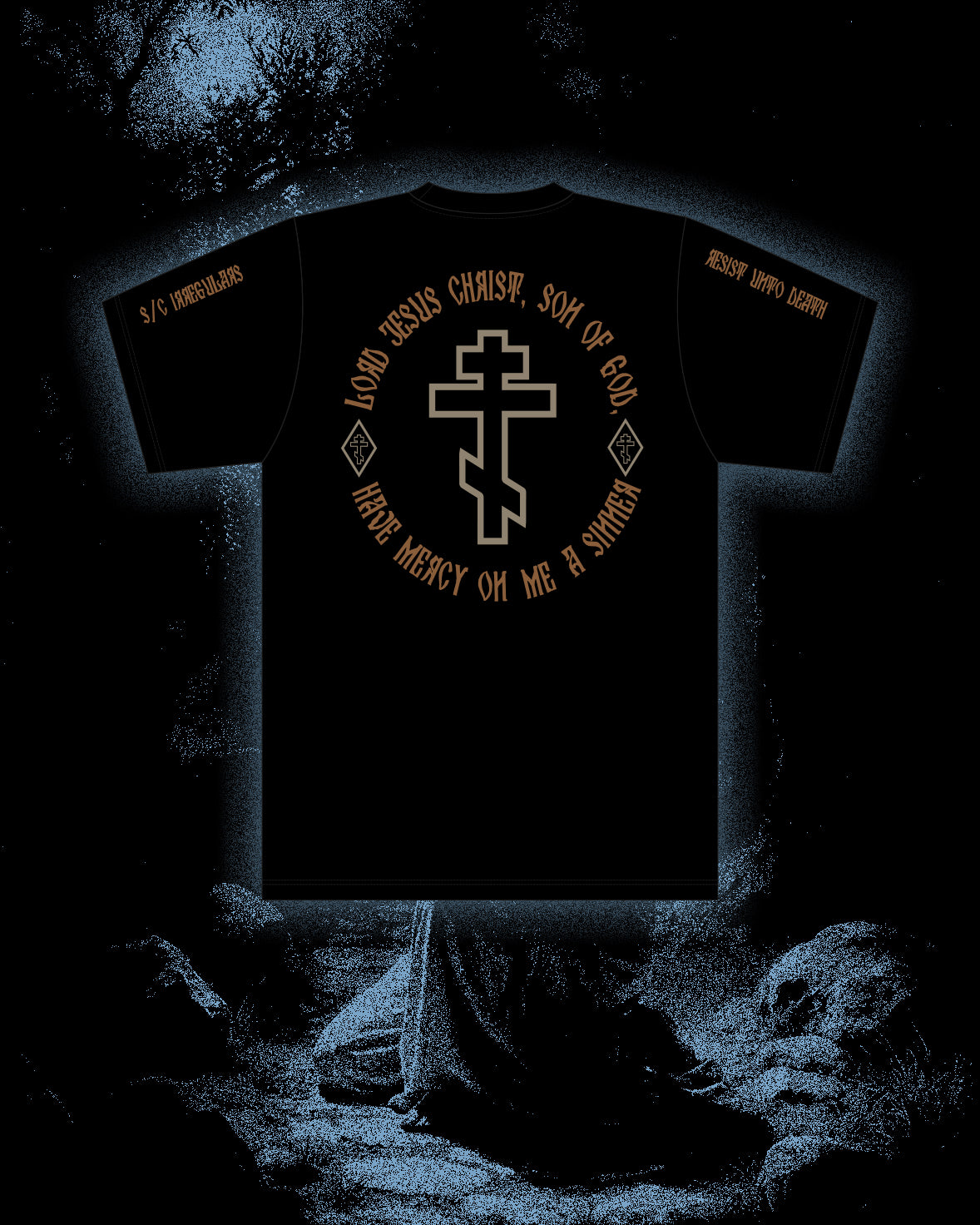 BLACK T SHIRT WITH ORTHODOX CROSS AND JESUS PRAYER LORD JESUS CHRIST SON OF GOD HAVE MERCY ON ME A SINNER